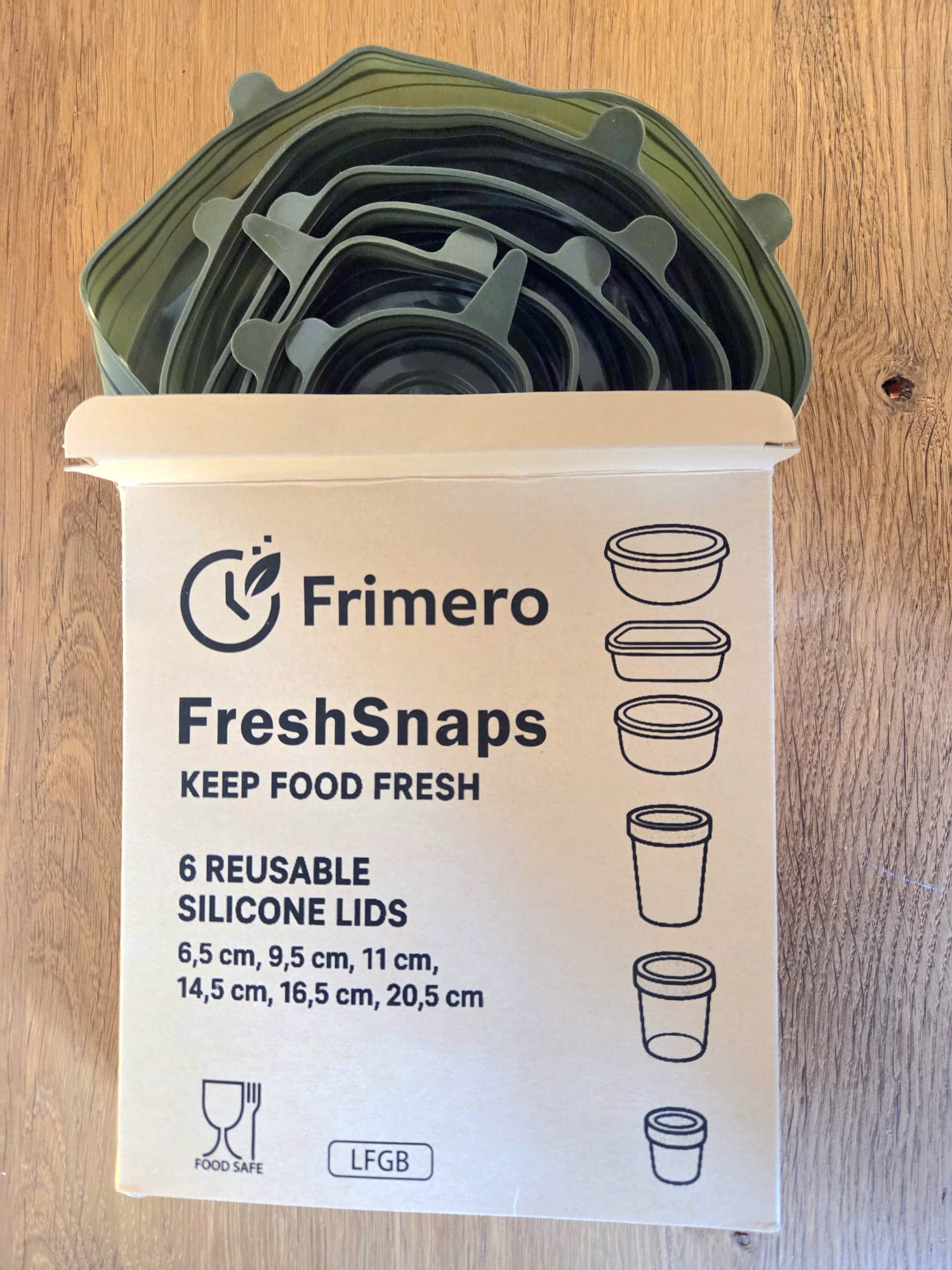 FreshSnaps - Silicone lids set of 6, stretchy silicone lids in Frimero green - Silicone Stretch Lids - 6 different sizes Universal lids for bowls, cups, cans, fruit and much more.