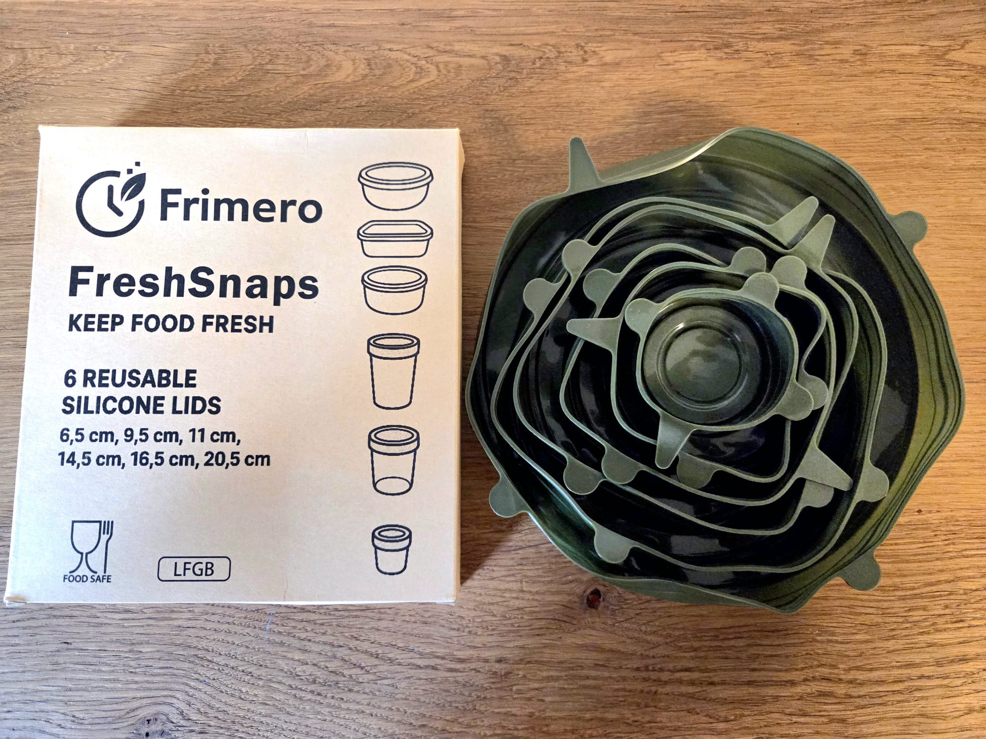 FreshSnaps - Silicone lids set of 6, stretchy silicone lids in Frimero green - Silicone Stretch Lids - 6 different sizes Universal lids for bowls, cups, cans, fruit and much more.