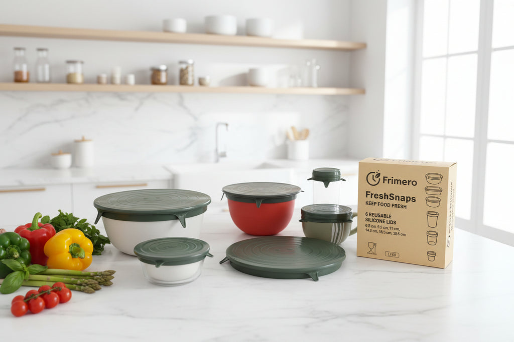 FreshSnaps - Silicone lids set of 6, stretchy silicone lids in Frimero green - Silicone Stretch Lids - 6 different sizes Universal lids for bowls, cups, cans, fruit and much more.