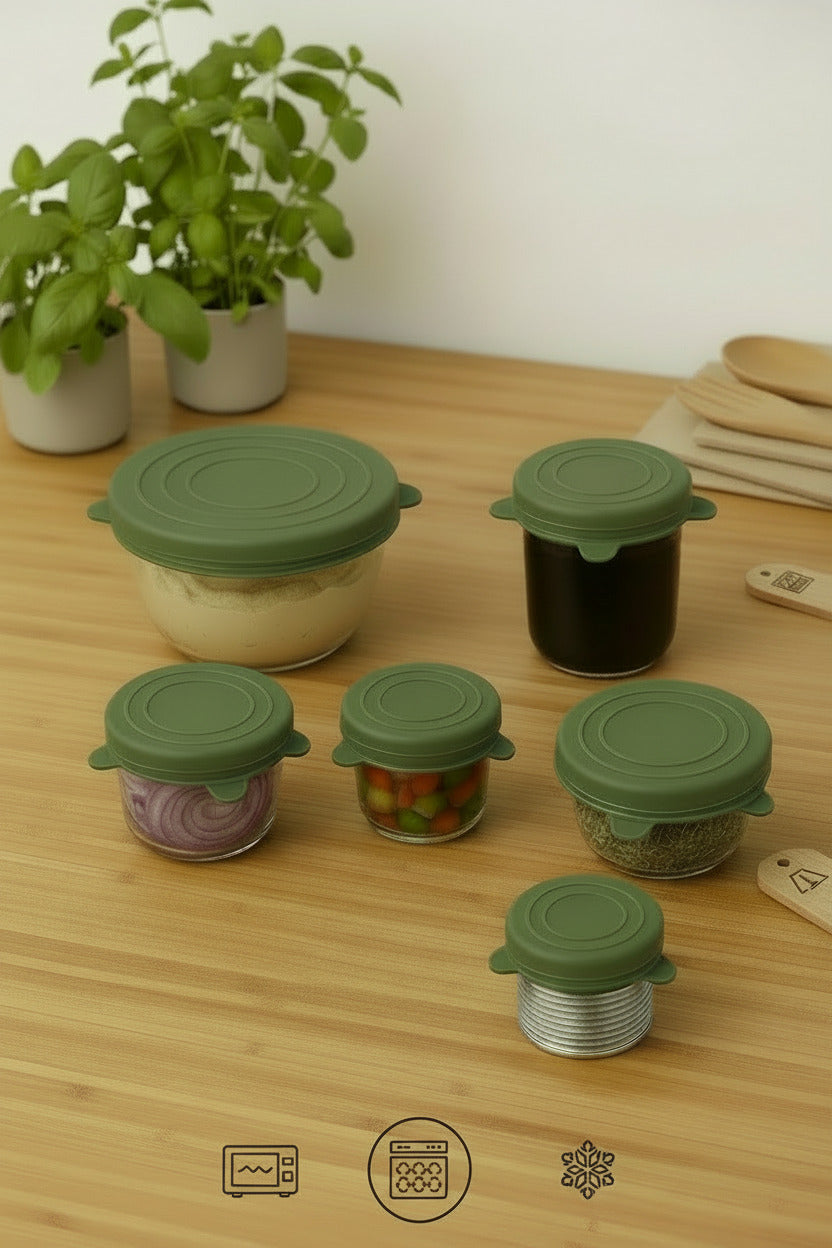 FreshSnaps - Silikondeckel 6er Set, Dehnbare Silikon Deckel in Frimero Grün - Silicone Stretch Lids - 6 verschiedene Größen Universaldeckel für Schüsseln, Becher, Dosen, Obst uvm.